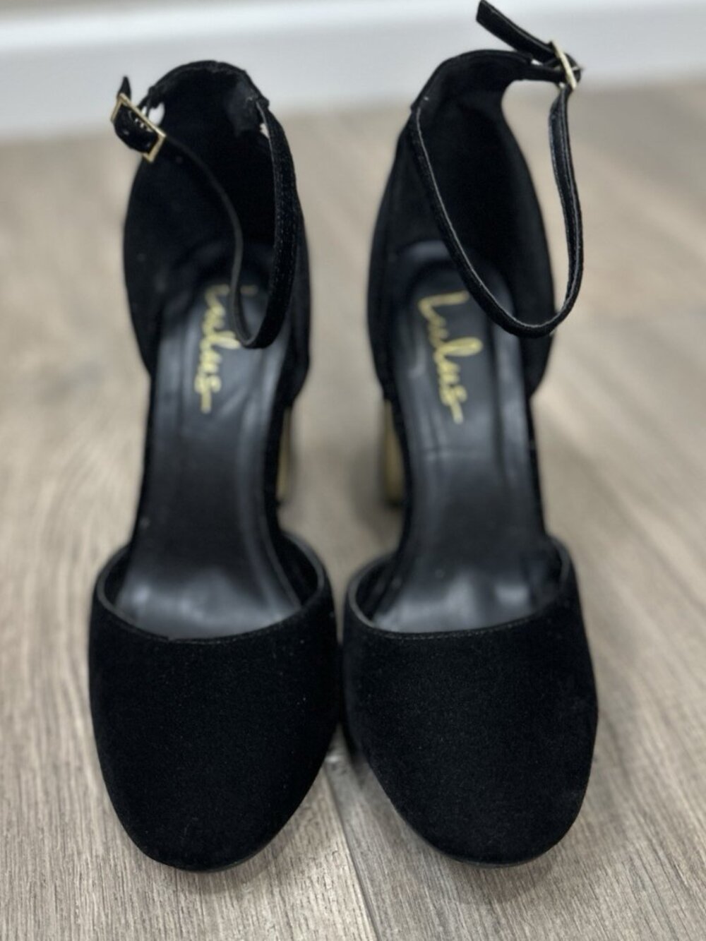 Lulus Black Faux Suede Ankle Strap Pumps Round Toe Buckle Block Heel Size 8
